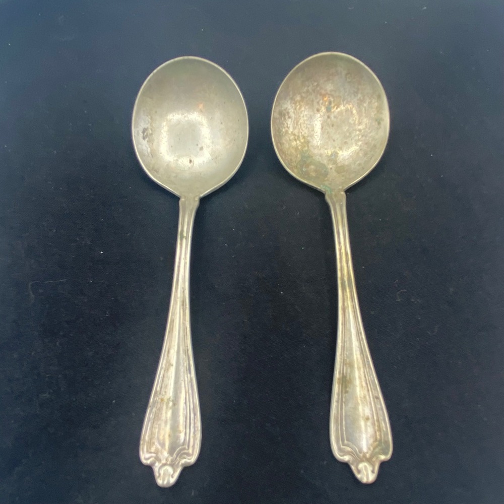 Antique Lesco Sil. Co. 5.25" Cream Soup Spoons Silverplate‎ Tarnished Set of 2